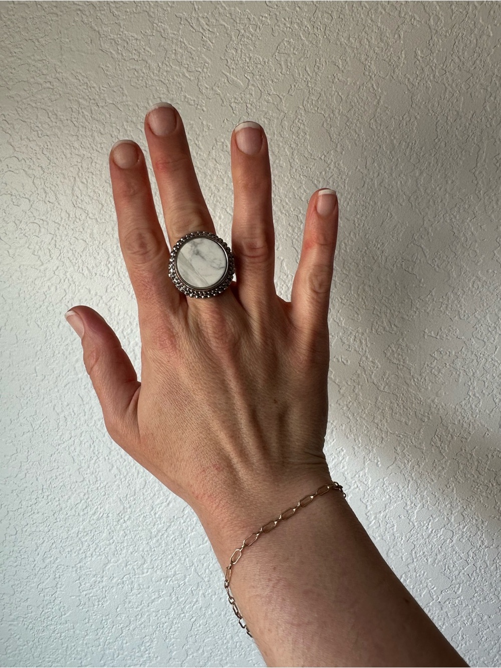 Round White Marble Statement Ring with Silver Tone Setting